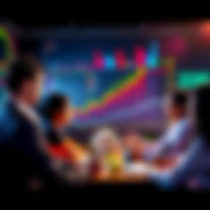 A group of people discussing tennis betting strategies with charts and graphs in the background