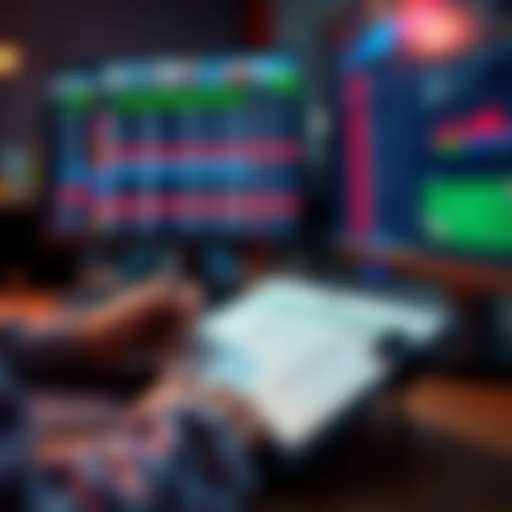 A person reviewing betting odds and selections on a notepad with a computer and sports graphics in the background