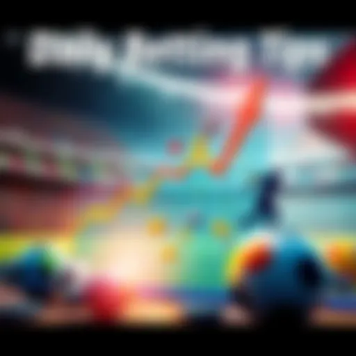 Illustration of betting strategies with a graph showing upward trends and sports icons