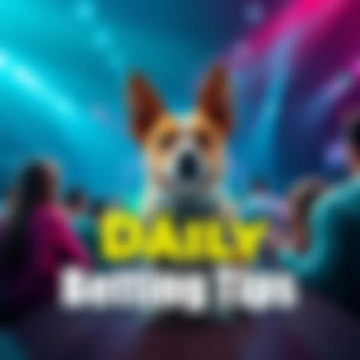 A collection of betting options for various sports, including horses and entertainment events, with people engaging in challenges like 'Dog of the Day'.