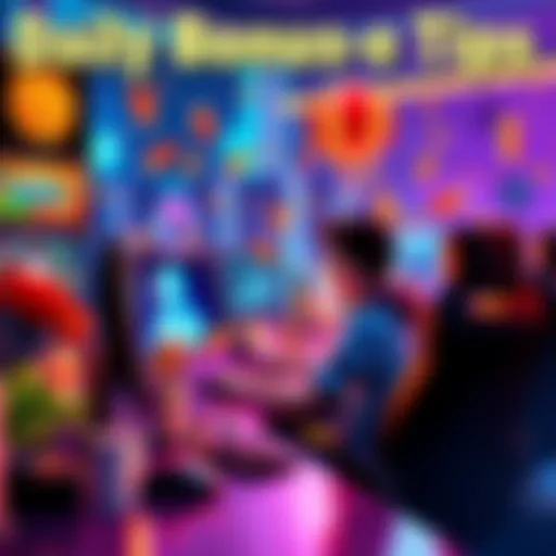 A person sitting at a computer playing an online game, excitedly checking daily bonuses and rewards, surrounded by gaming paraphernalia.