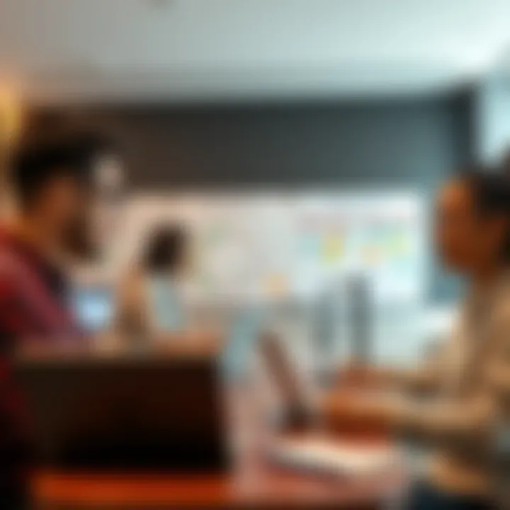 A group of people discussing daily choices on user boards, with laptops and notepads in a casual setting.