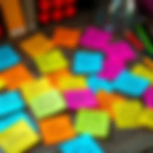 A collection of colorful sticky notes with tips and suggestions for daily decisions on a desk.