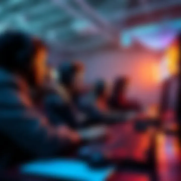 A group of people discussing esports betting strategies with gaming equipment and laptops around them