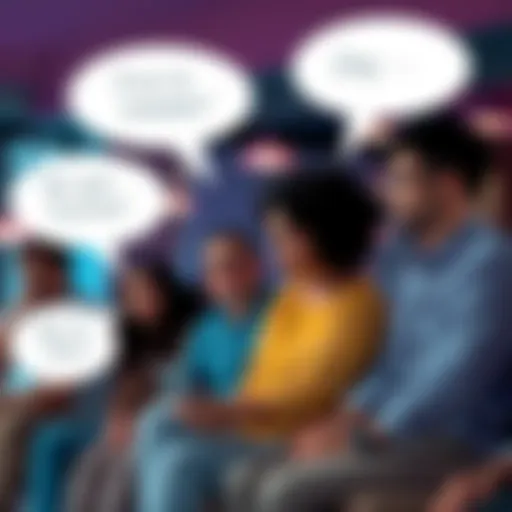 A group of people sitting together sharing their thoughts and feelings, with speech bubbles representing conversation topics like frustrations and joys.