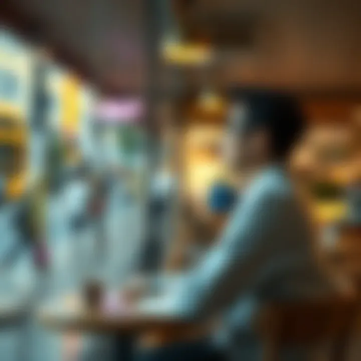 A person sitting at a café, looking thoughtfully out the window, surrounded by everyday scenes of people and activity, symbolizing routine and familiarity.