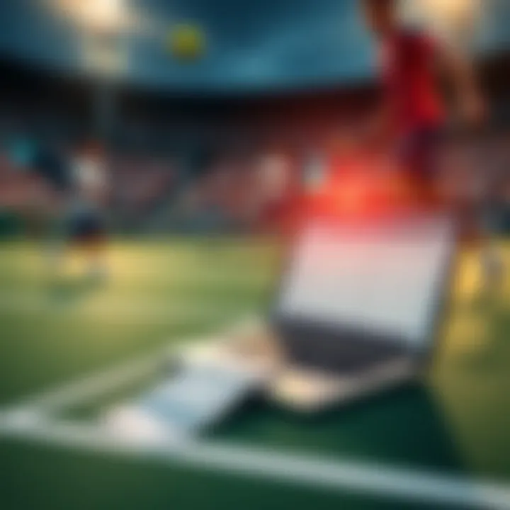 A tennis court with players in action, highlighting a betting slip and a laptop displaying odds.