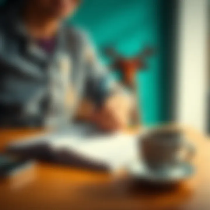 A cheerful scene of a person writing daily tips in a notebook with a cup of coffee nearby