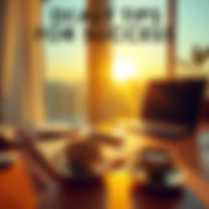 A bright sunrise over a desk with a planner and coffee, symbolizing a productive day ahead