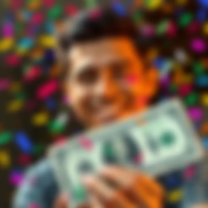 Daily dollar luck A person smiling while holding a dollar bill with colorful confetti in the background, symbolizing good fortune in daily life.
