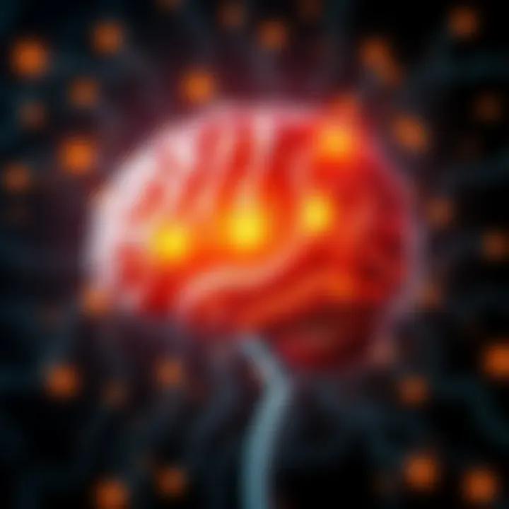 Illustration showing a brain with highlighted areas indicating damaged receptors, symbolizing mental health impacts.