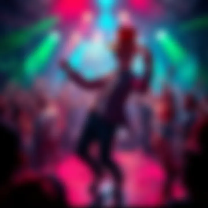 A lively dancer moving to the beat of the song Puppetmaster, surrounded by colorful lights and energetic crowd.