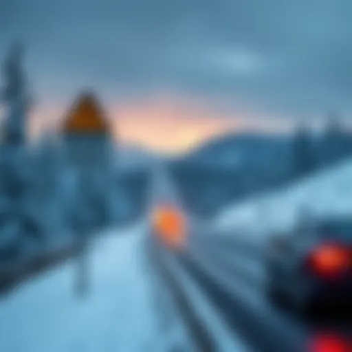 A snowy road leading to Black Hawk, Colorado with warning signs about drunk drivers and blizzards, surrounded by trees and wildlife.