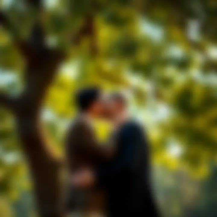 Danny and Donny kissing under a tree Danny and Donny share a romantic kiss under a lush tree, highlighting their affection for each other.