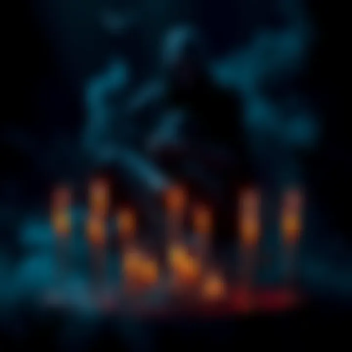 A shadowy figure performing a sacrifice surrounded by candles, with dark mist swirling around.