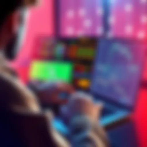 A person analyzing sports data on a laptop with soccer graphics and betting odds displayed on screen.