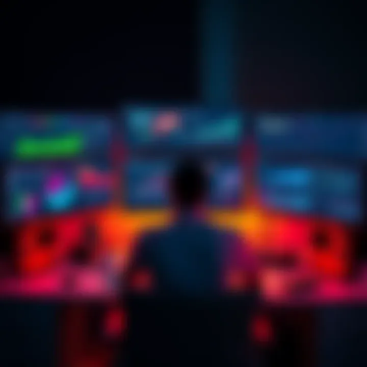 A person sits at a desk surrounded by multiple screens displaying charts and graphs related to data analysis, illustrating data overload management in 2025.