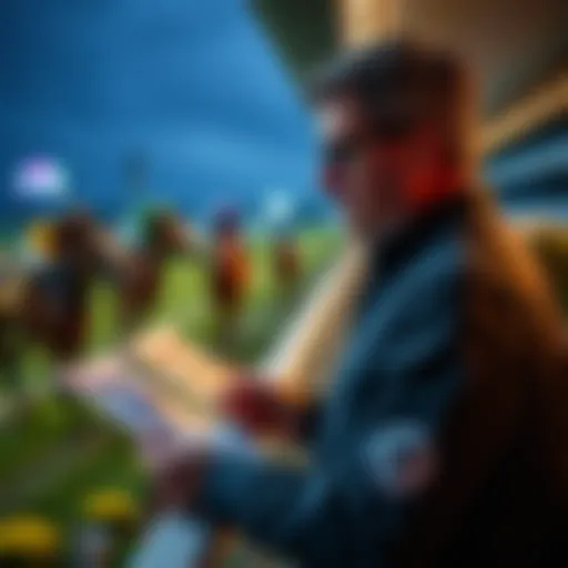 David Aragona analyzing horses at a race track with betting slips in hand