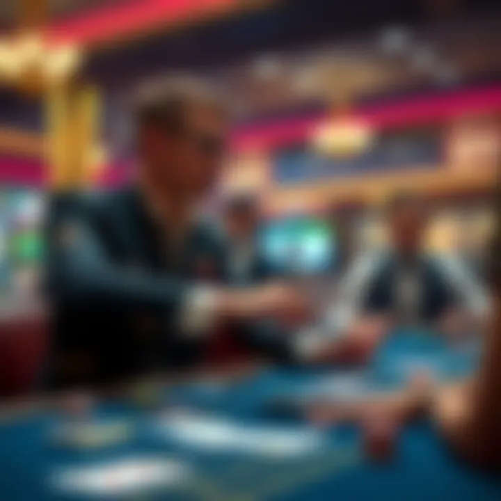 Casino dealer announces a player has a winning hand of 21 while another player watches in surprise at the table.