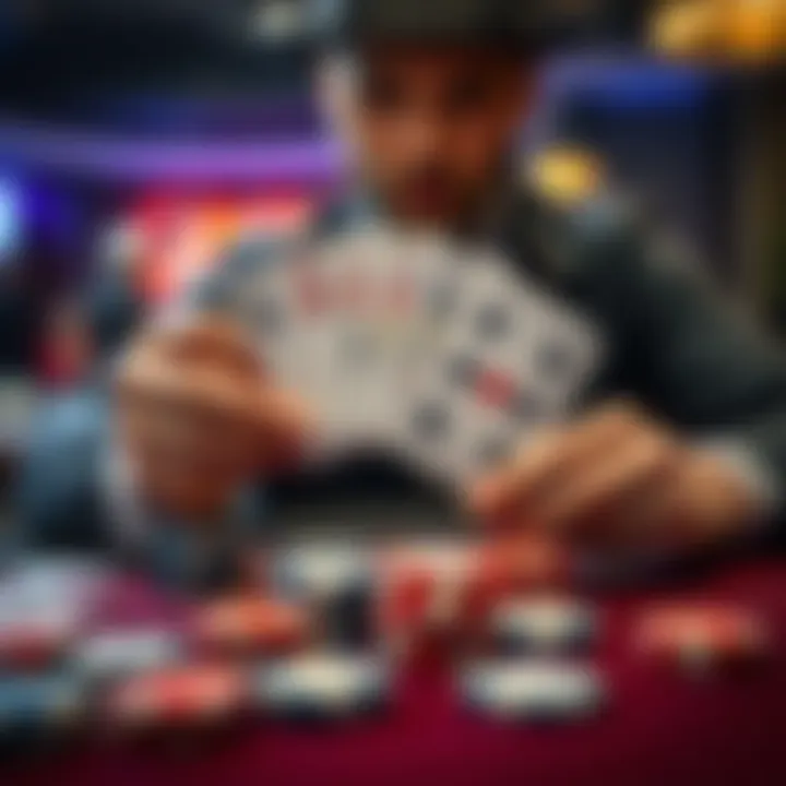 A blackjack dealer revealing a winning hand with 21 on the table, surrounded by chips and cards.