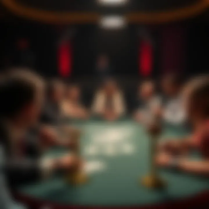 A dealer at a card table making a decision on whether to hit or stand while players watch attentively