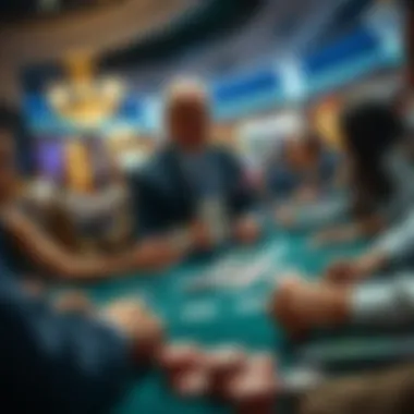 Person dealing cards at a casino A dealer in a casino setting shuffles and deals playing cards at a table, while players watch eagerly.