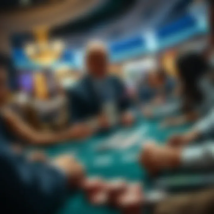 Person dealing cards at a casino A dealer in a casino setting shuffles and deals playing cards at a table, while players watch eagerly.