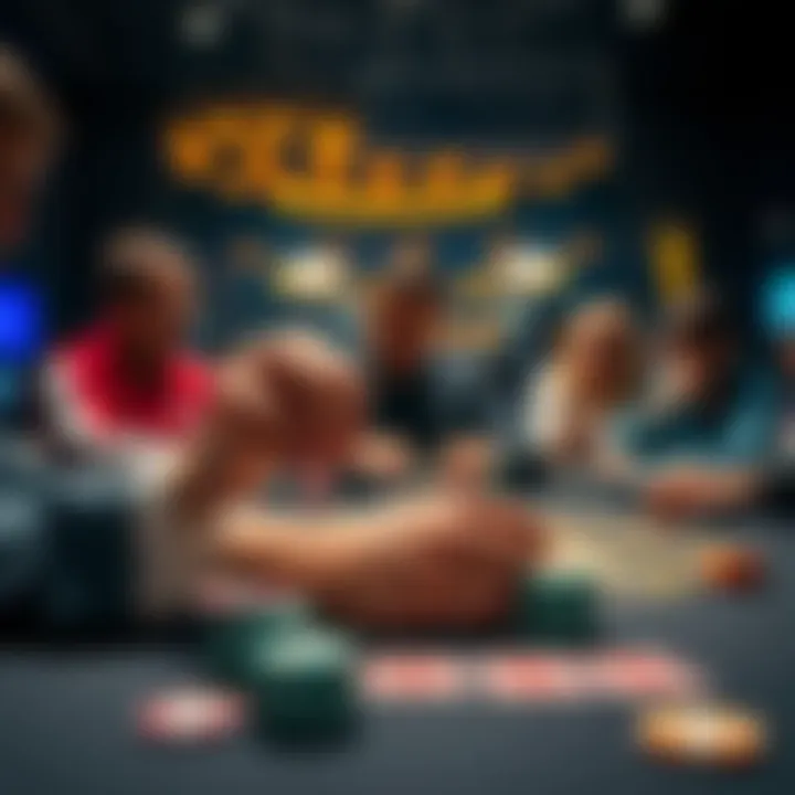 A dealer showing the amount of chips in the pot during a Pot Limit Omaha game, with players observing in the background