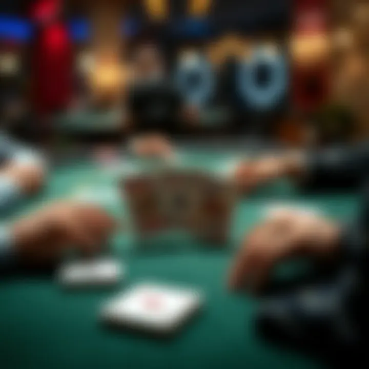 A dealer at a card table mistakenly places four cards on the table, causing surprise among players.