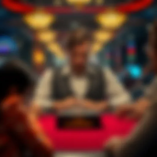 A dealer in a casino setting with a serious expression, surrounded by players who seem to be losing at the game