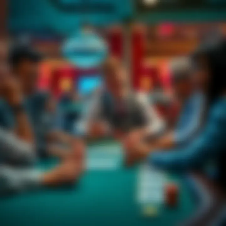 A casino dealer interacting with players, showing a friendly demeanor during a game, while players focus on their cards, emphasizing the importance of connection.