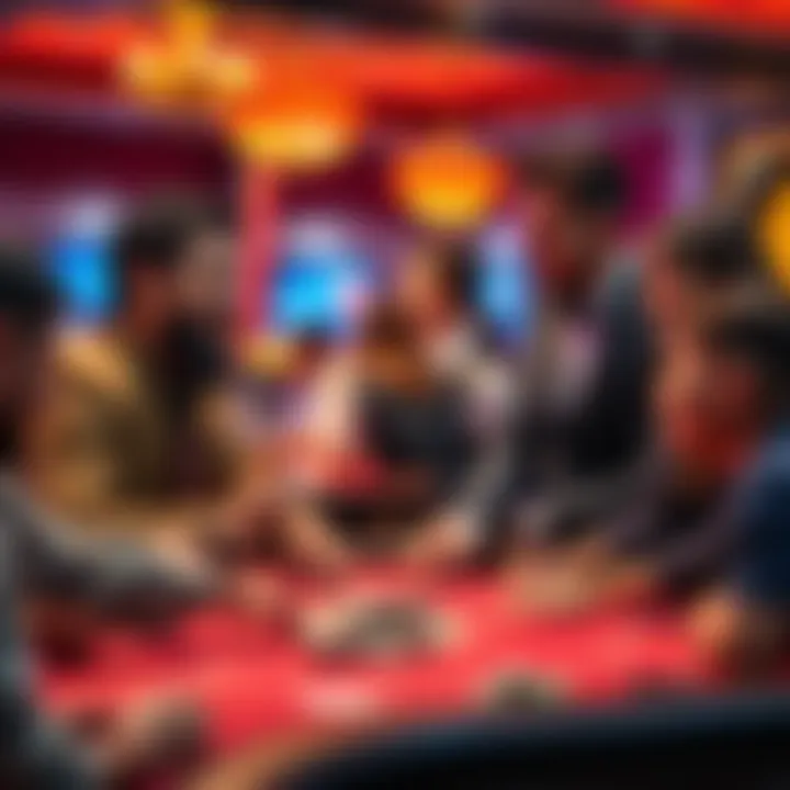 A friendly dealer interacting with happy customers at a gaming table, showcasing a fun and inviting atmosphere.