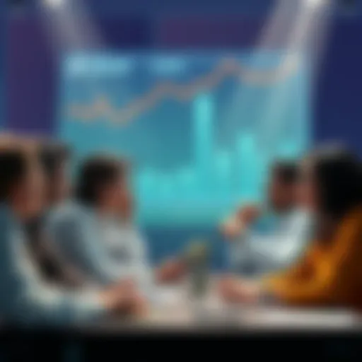 A group of people discussing whether to take cash now or wait for a bigger amount in the future, with animated expressions and charts in the background.