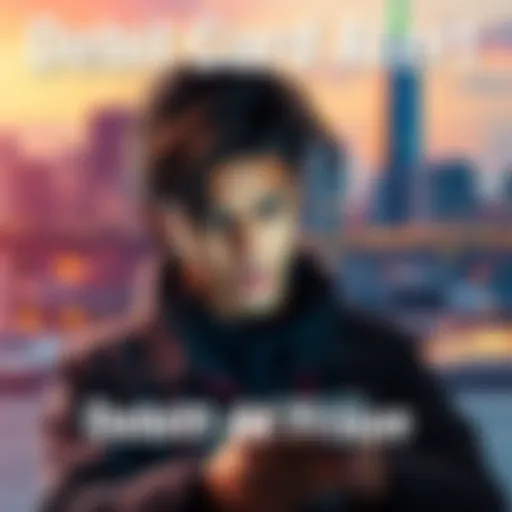 A person looks concerned while checking their debit card statement on a phone, with a city skyline in the background, symbolizing fraudulent activity.