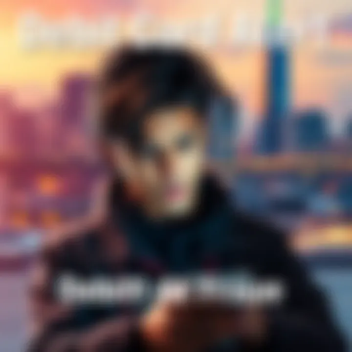 A person looks concerned while checking their debit card statement on a phone, with a city skyline in the background, symbolizing fraudulent activity.
