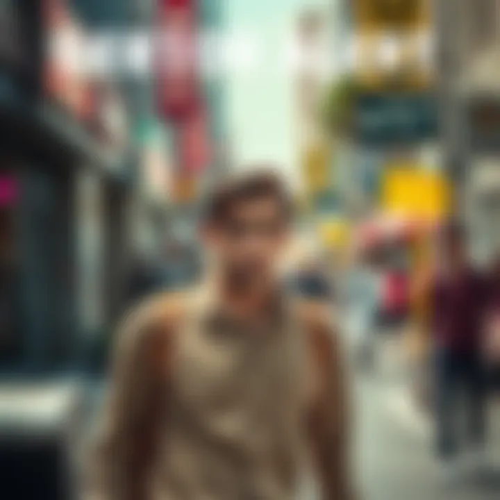 A person with a concerned expression walking through a busy street in Los Angeles, looking around cautiously, with pedestrians in the background.