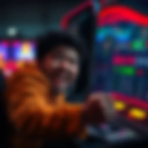 A tense scene showing a person at a game interface, weighing options between making a payment and trusting in a possible victory, with excitement visible on their face.