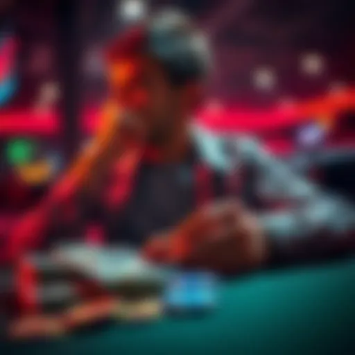 A person contemplating whether to cash out winnings or keep betting, with money and betting chips on a table in front of them.