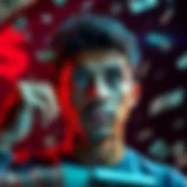 A person looking at two options: cashing out for a small amount or taking a risk for a larger payout, with money symbols in the background.