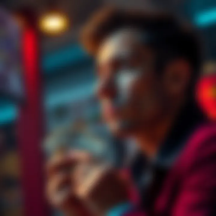 Decision to Cash Out or Hold A person contemplating whether to cash out their betting money or keep it for the final stage of a bet, with a thoughtful expression and money in hand.