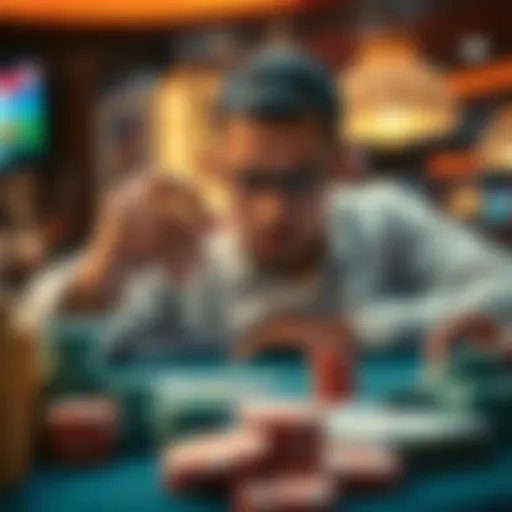 A person weighing options between cashing out and continuing to play, looking at betting chips and money on the table.