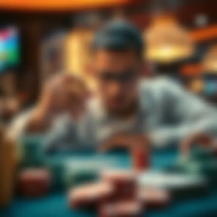 A person weighing options between cashing out and continuing to play, looking at betting chips and money on the table.