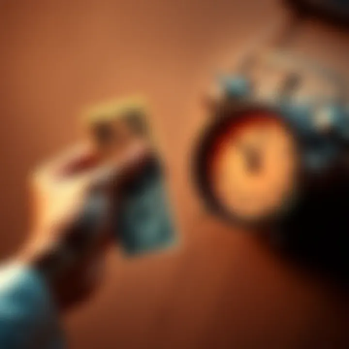 A person holding a dollar bill in one hand and looking at a clock in the other, contemplating a decision about money
