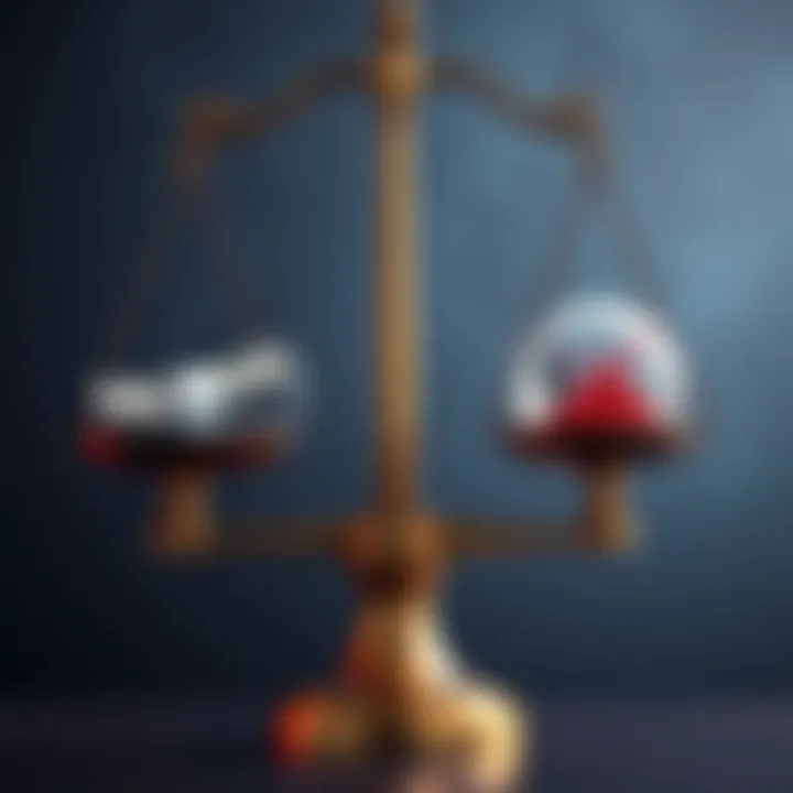 A person weighing options on a balance scale, one side showing cash and the other side showing a graph of investments.