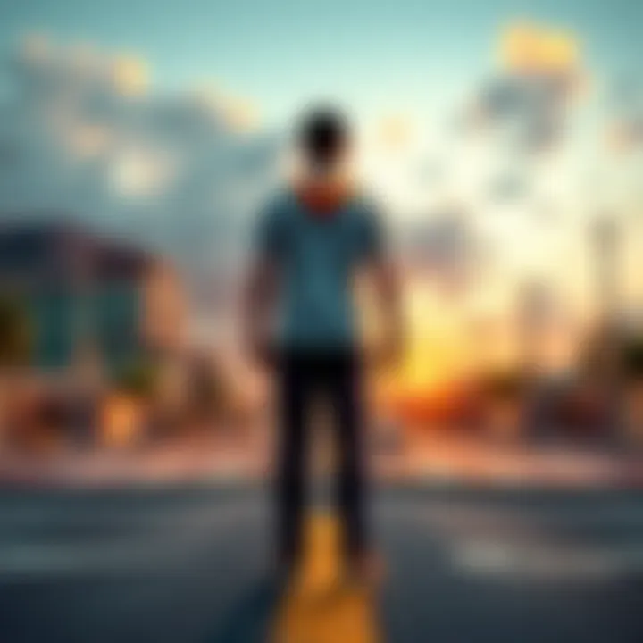 Decision Moment A person standing at a crossroads, contemplating a significant choice that can change the future.