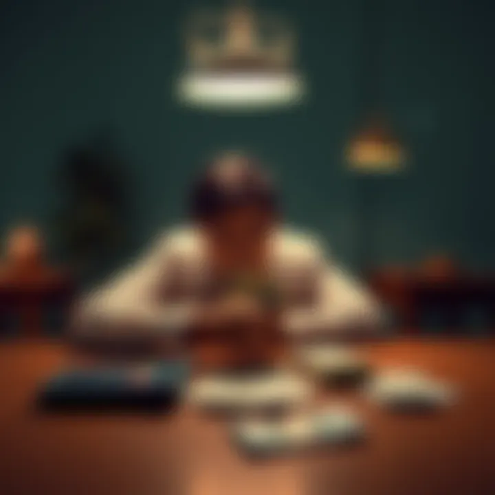 Decision making about money A person sitting at a table contemplating whether to withdraw cash or leave it in an account, with bills and a calculator in front of them.