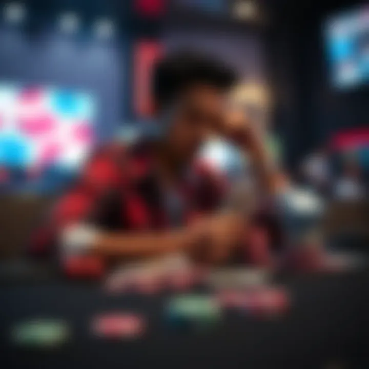 A person sitting at a table with chips and cash, contemplating whether to cash out or continue betting