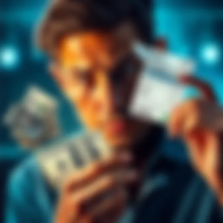 Decision on Betting A person contemplating whether to withdraw money or keep betting, with a split view showing money on one side and a betting slip on the other.