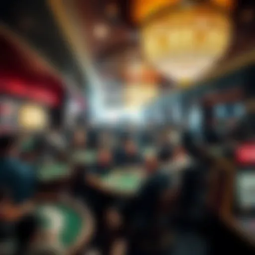 A crowded casino floor in Las Vegas with people playing card games, highlighting deck penetration in action.