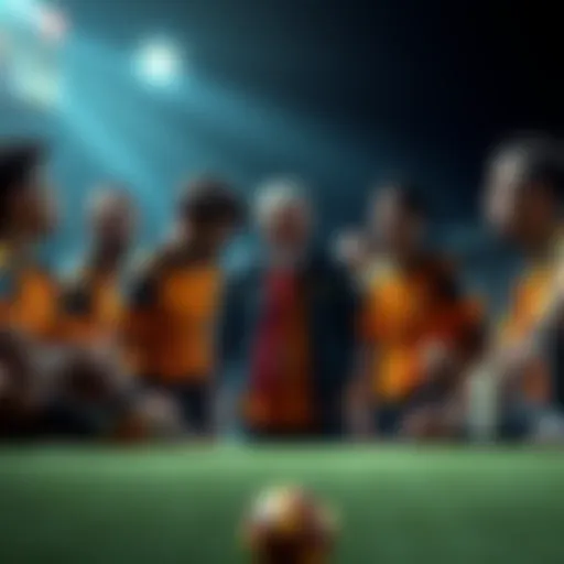 A sports team looking dejected after a loss, with a coach discussing strategies with players